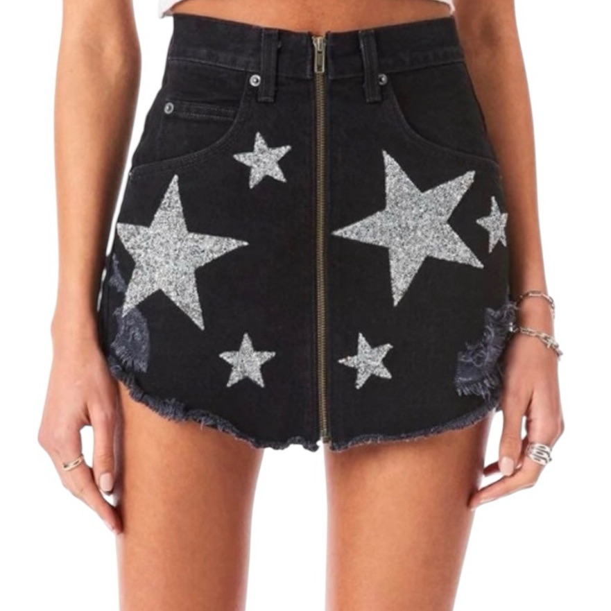 Carmar Size 28 Black Denim Beatrice Beaded Full Zip Star Patch Mini Skirt